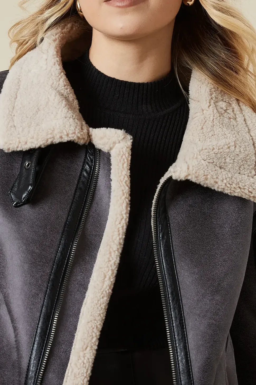 Faux Suede Borg Detail Aviator Jacket