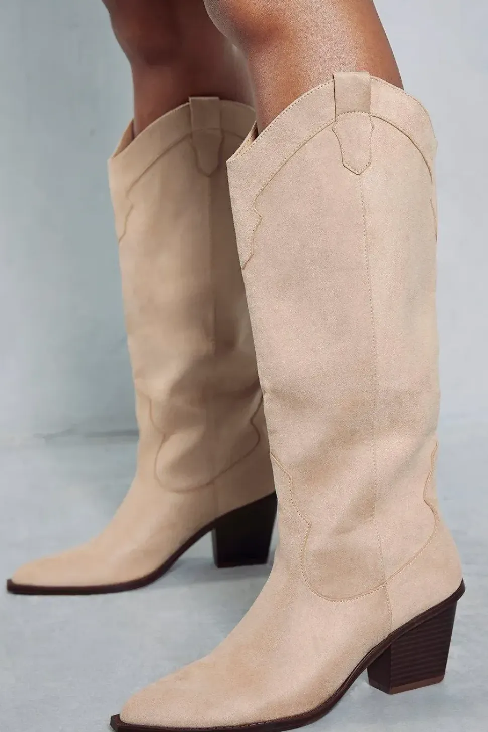 Faux Suede Knee High Cowboy Boots