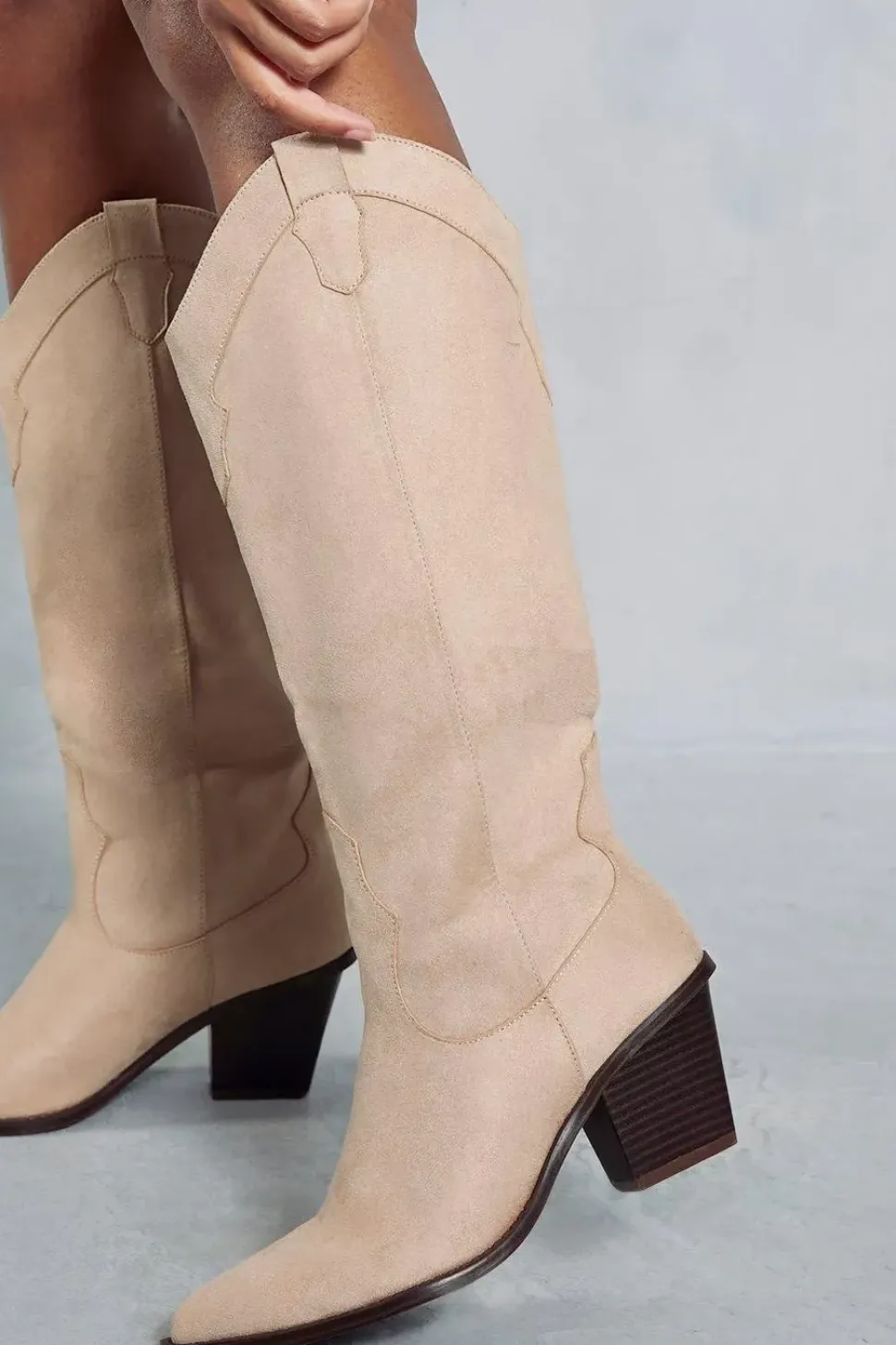 Faux Suede Knee High Cowboy Boots