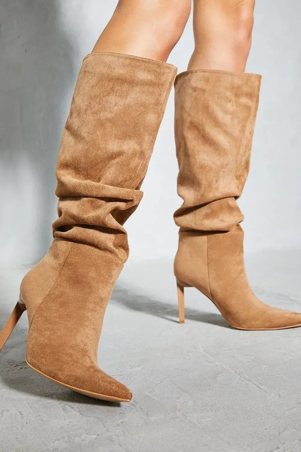 Faux Suede Ruched Stiletto Boots