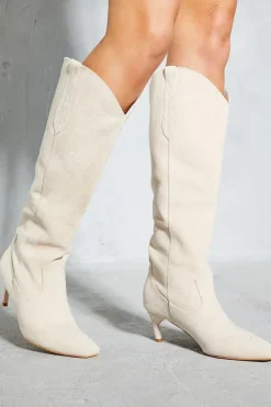 Faux Suede Western Low Heel Boots