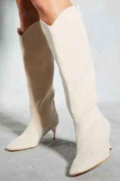 Faux Suede Western Low Heel Boots