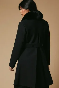 Faux Wool Button Through Dolly Coat With Fur