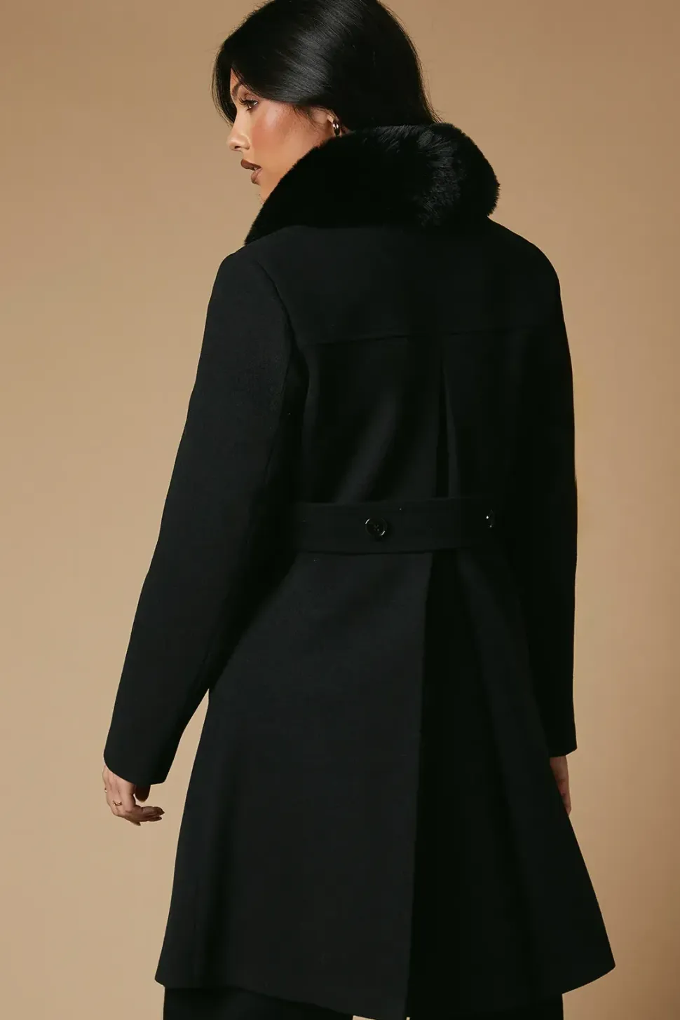 Faux Wool Button Through Dolly Coat With Fur