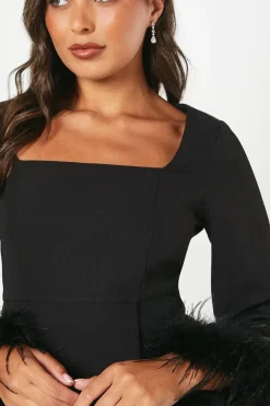 Feather Cuff Long Sleeve Pencil Dress