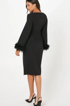 Feather Cuff Long Sleeve Pencil Dress