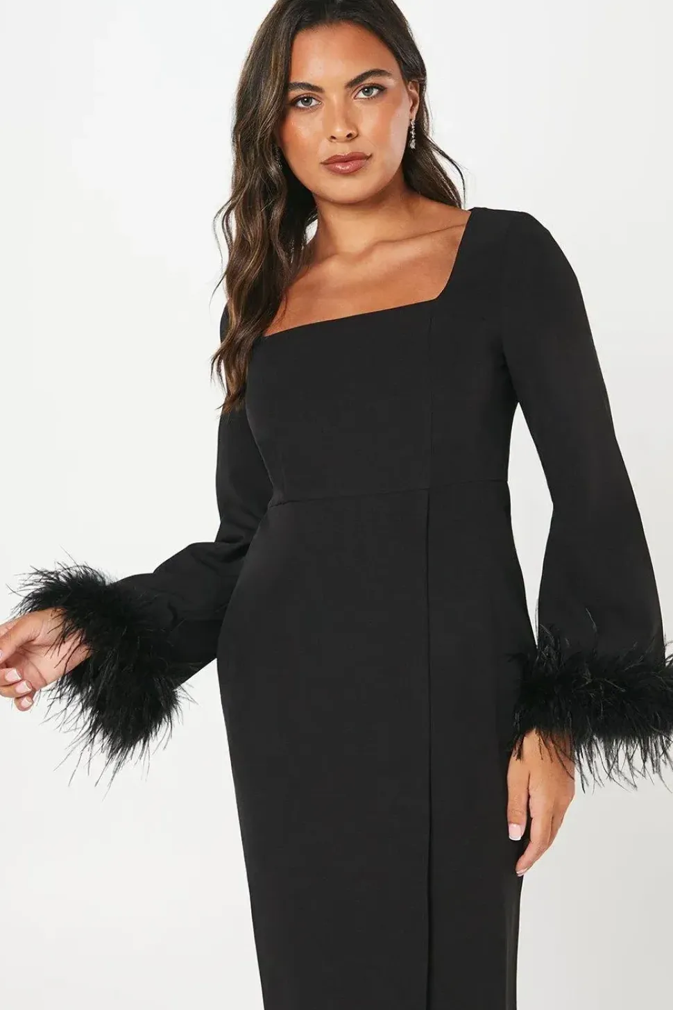 Feather Cuff Long Sleeve Pencil Dress