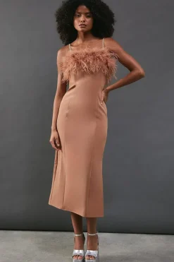 Feather Detail Diamante Strap Bandeau Midi Dress