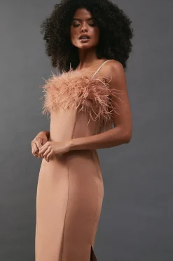 Feather Detail Diamante Strap Bandeau Midi Dress
