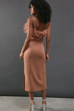 Feather Detail Diamante Strap Bandeau Midi Dress