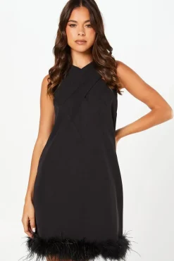 Feather Hem Cross Neck Mini Dress