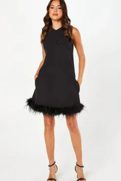 Feather Hem Cross Neck Mini Dress