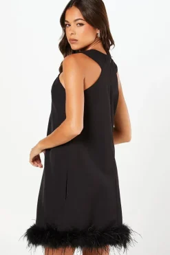 Feather Hem Cross Neck Mini Dress