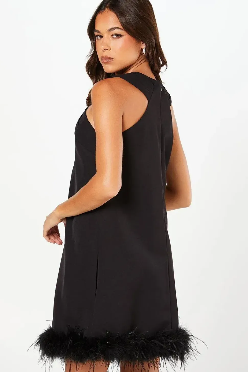 Feather Hem Cross Neck Mini Dress