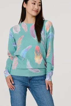 Feather Print Diamante Detail Jumper
