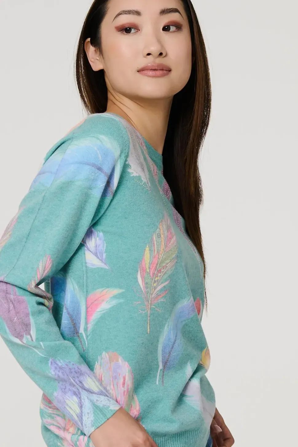 Feather Print Diamante Detail Jumper