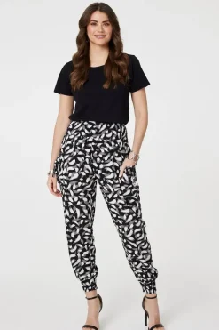 Feather Print Harem Pants with Pockets