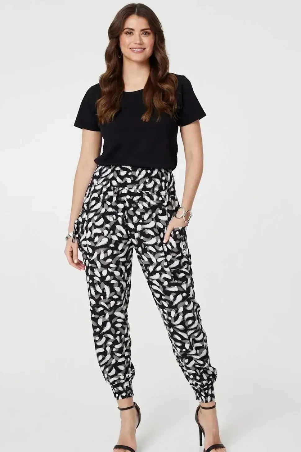 Feather Print Harem Pants with Pockets