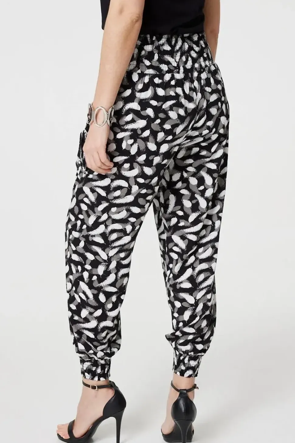Feather Print Harem Pants with Pockets