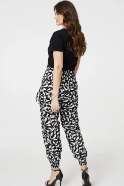 Feather Print Harem Pants with Pockets