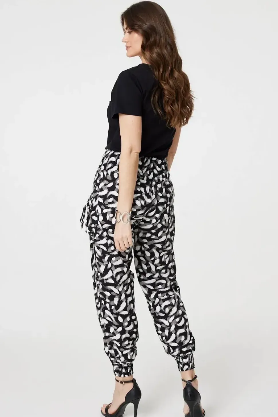 Feather Print Harem Pants with Pockets
