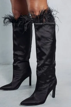 Feather Trim Knee High Heeled Boots