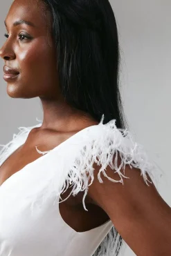 Feather Trim V Neck Satin Wedding Dress