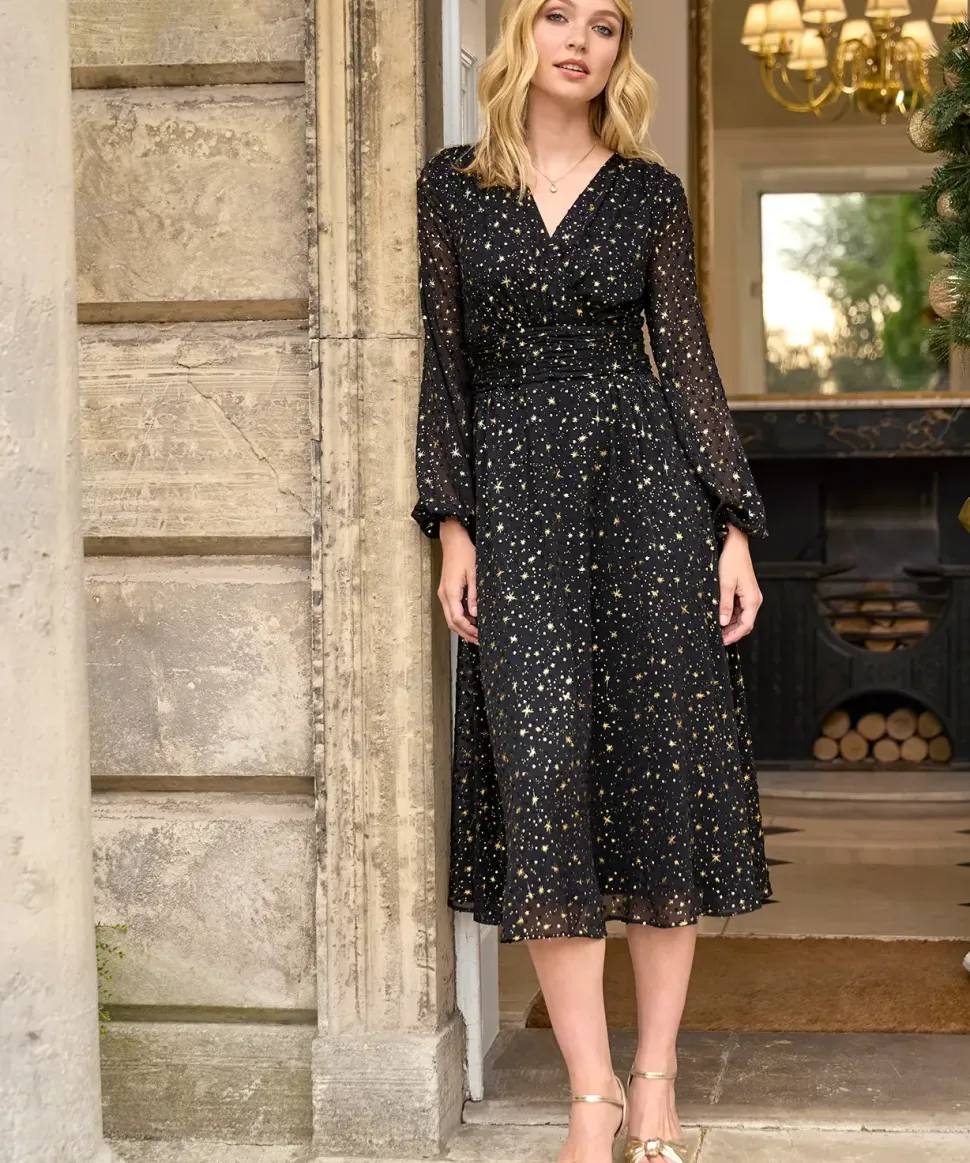 Festive Star Print Wrap Front Midi Dress