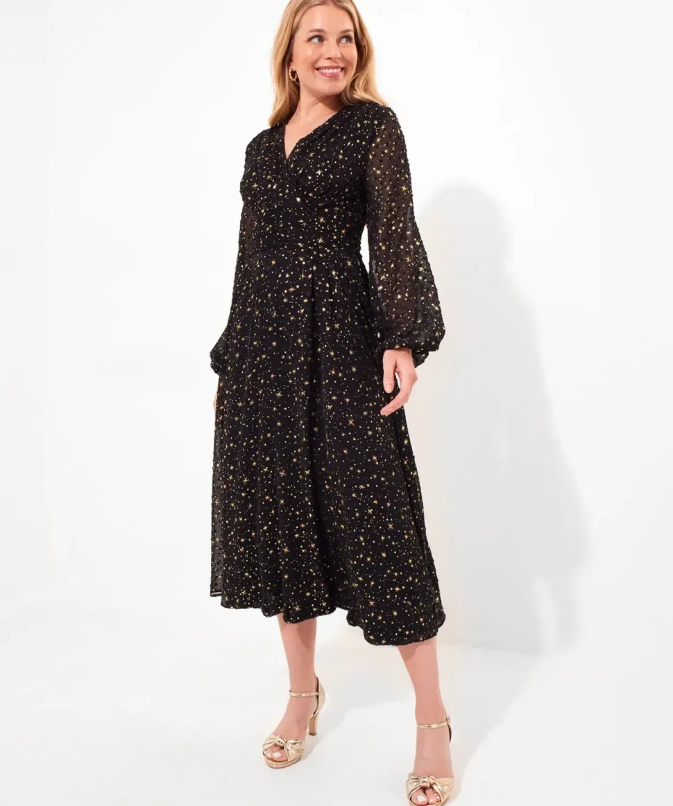 Festive Star Print Wrap Front Midi Dress