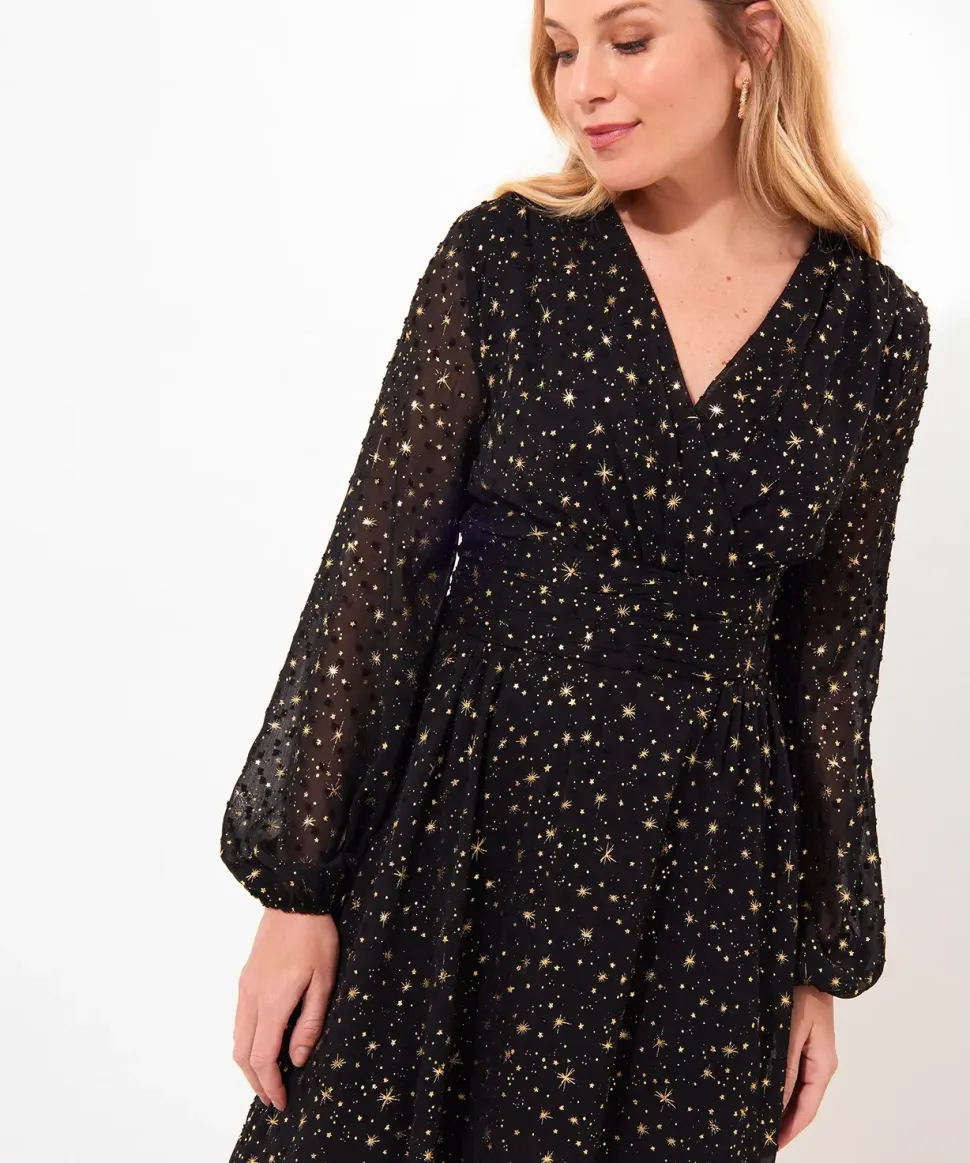 Festive Star Print Wrap Front Midi Dress