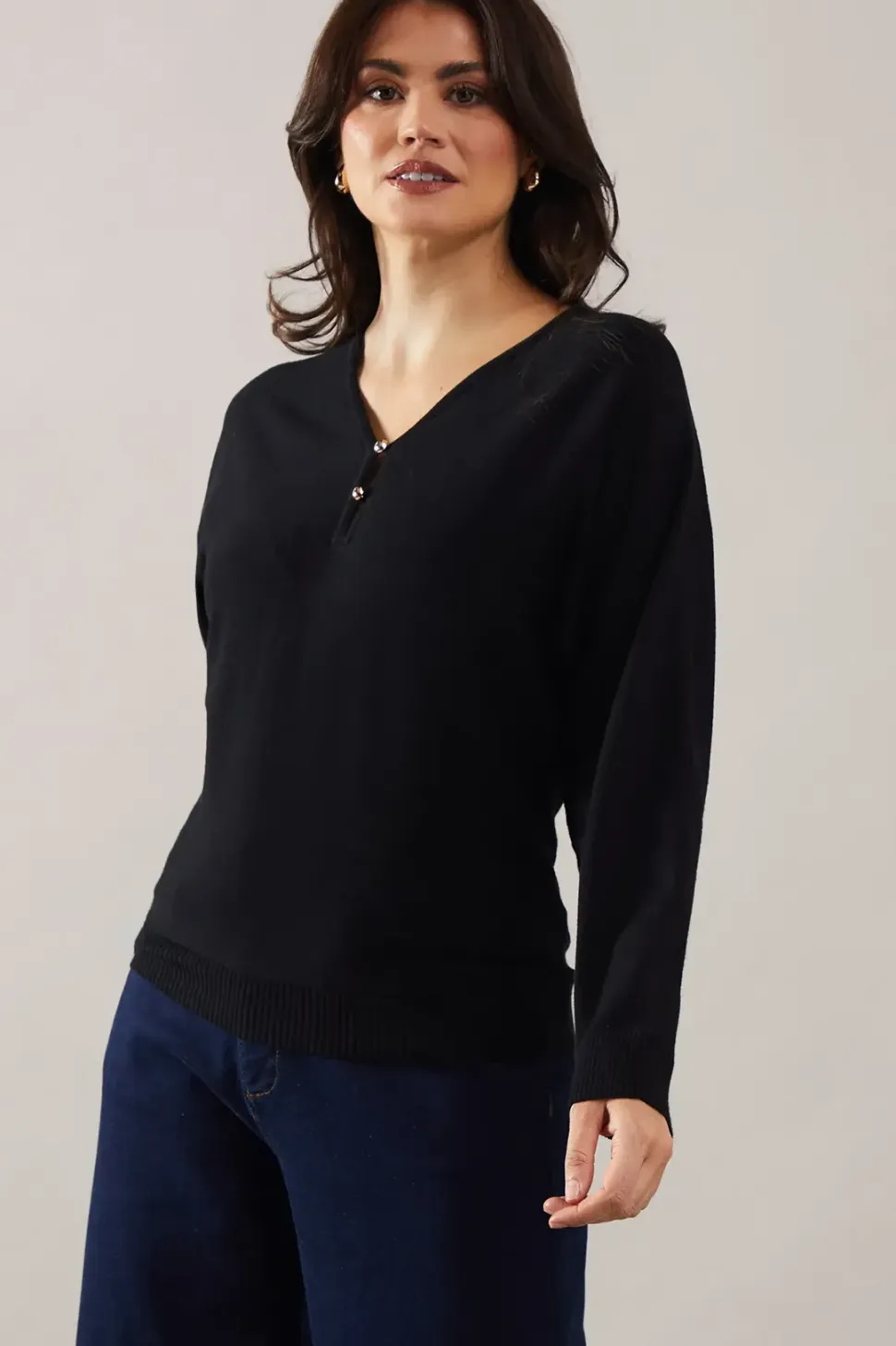 Fine Gauge Button Front V Neck Knitted Top