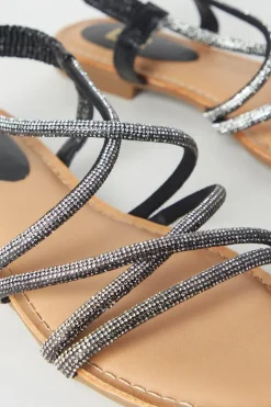 Finne Diamante Cross Strap Elastic Back Flat Sandals