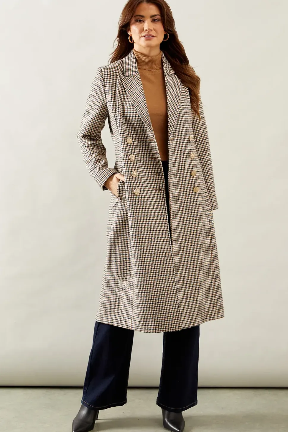 Fitted Double Breasted Check Wool Mix Midi Coat