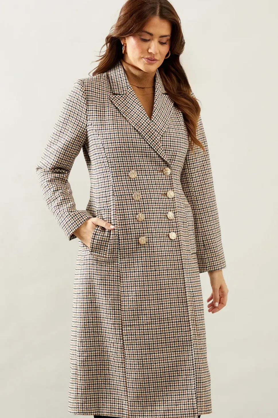 Fitted Double Breasted Check Wool Mix Midi Coat