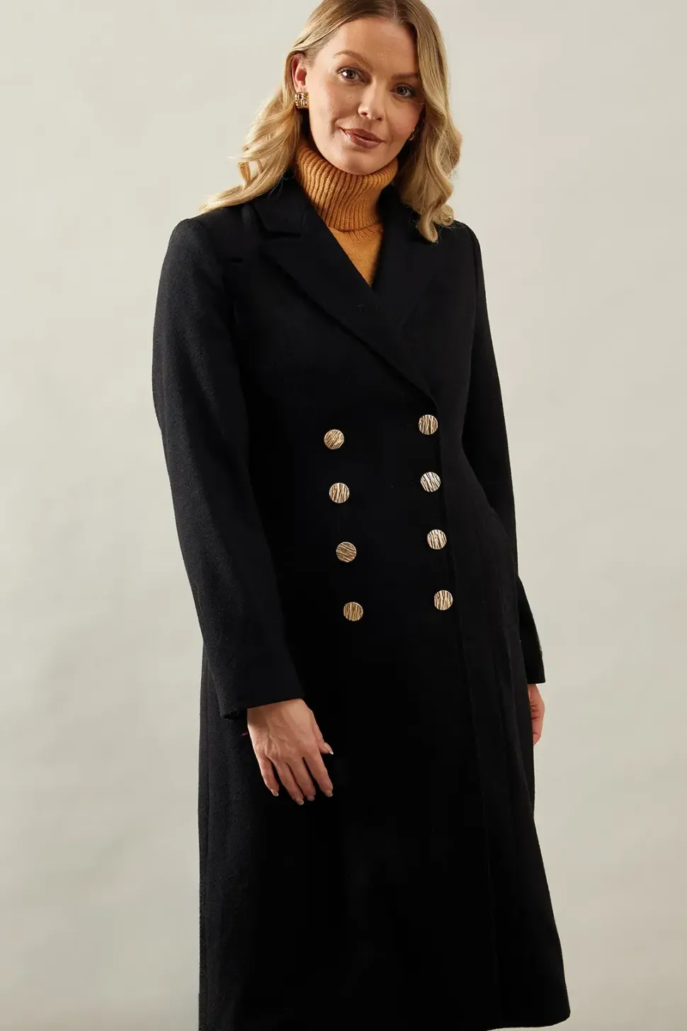 Fitted Double Breasted Wool Mix Midi Coat