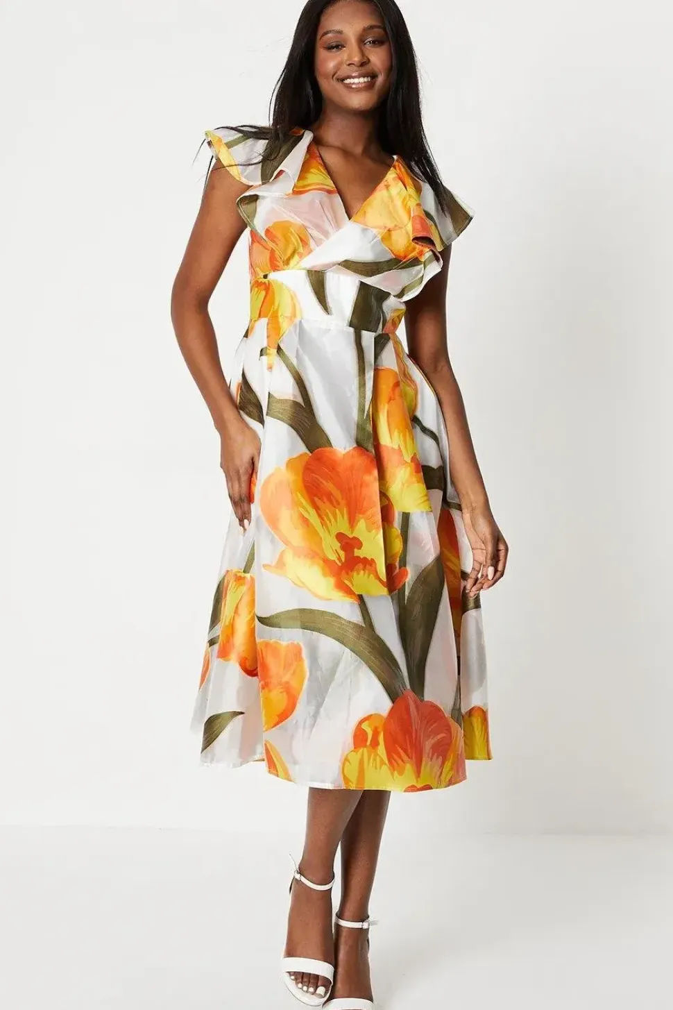 Fixed Wrap Ruffle Sleeve Jacquard Midi Dress
