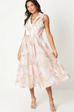 Fixed Wrap Waistcoat Jacquard Midi Dress