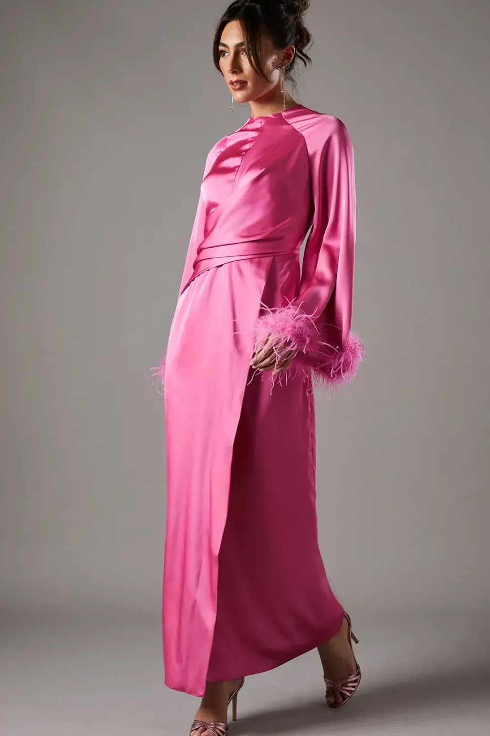 Flare Sleeve Feather Trim Gown