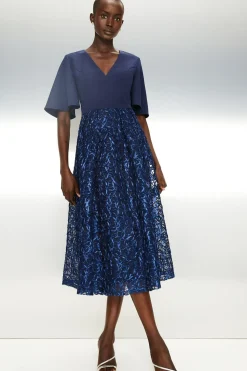 Flare Sleeve V Neck Embroidered Skirt Midi Dr