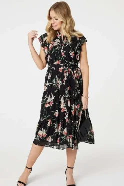 Floral Angel Sleeve Shirt Dress