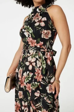 Floral Asymmetric Halter Neck Midi Dress