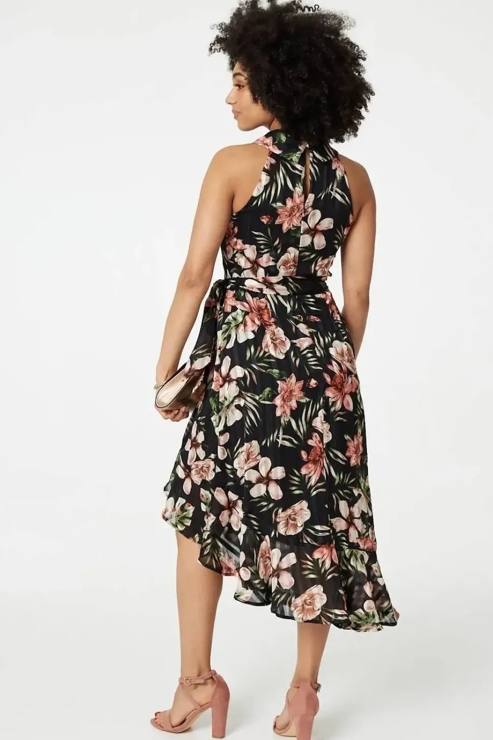 Floral Asymmetric Halter Neck Midi Dress