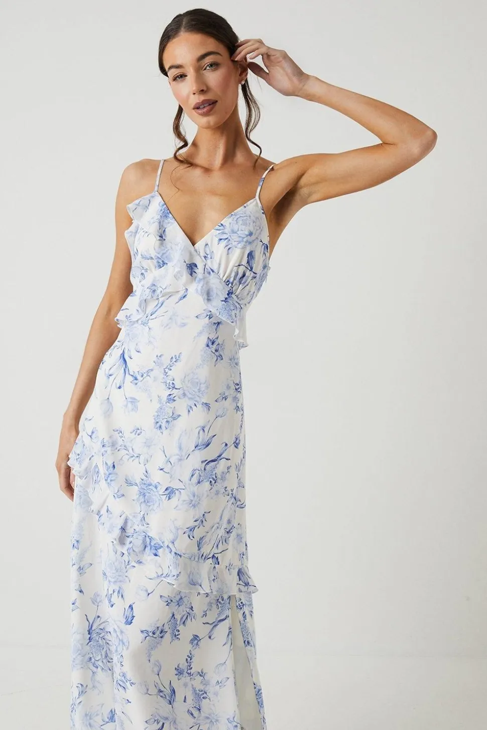 Floral Asymmetric Ruffle Chiffon Maxi Bridesmaids Dress