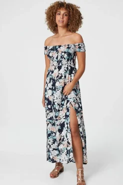 Floral Bardot Shirred Maxi Dress
