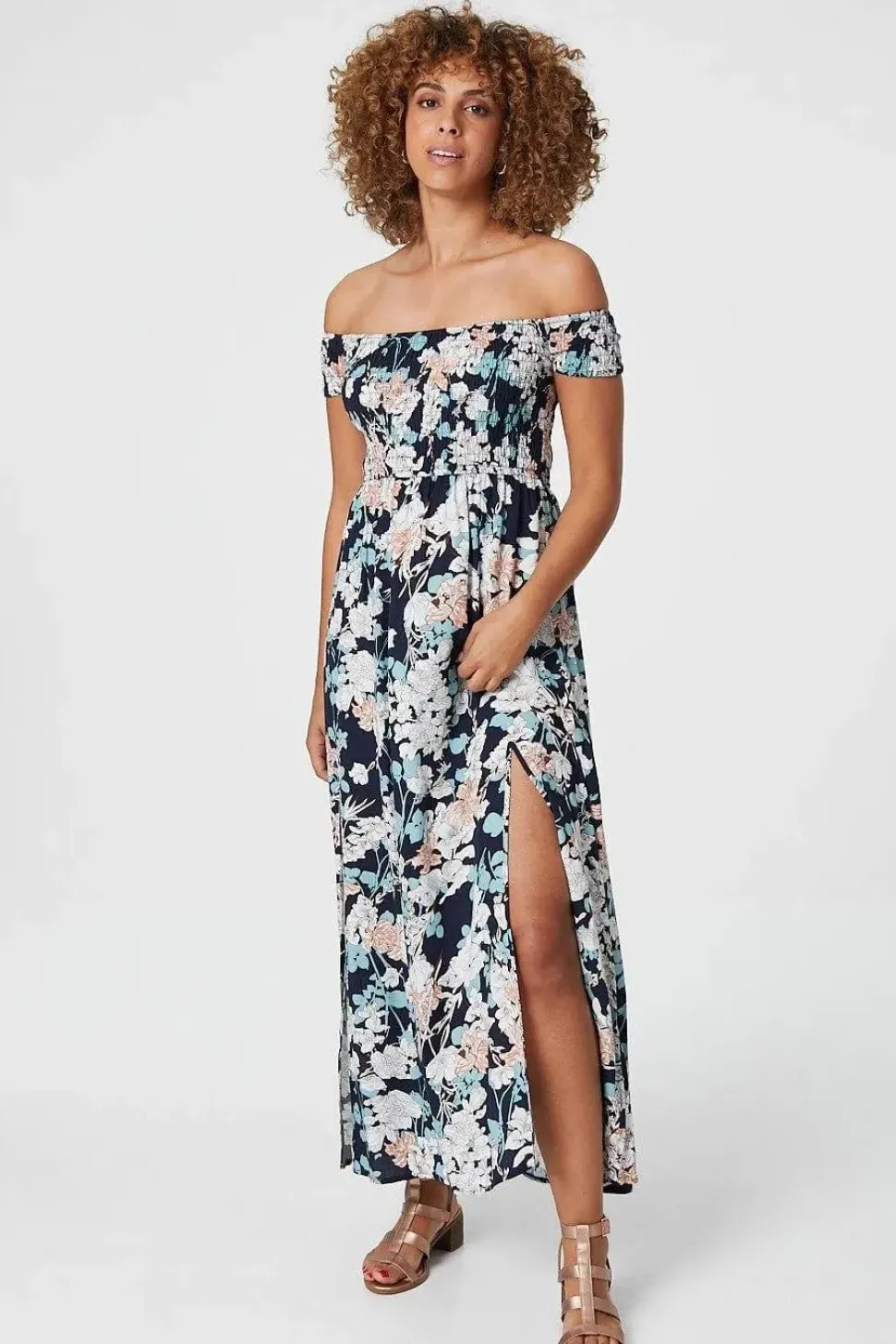 Floral Bardot Shirred Maxi Dress