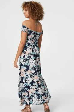 Floral Bardot Shirred Maxi Dress