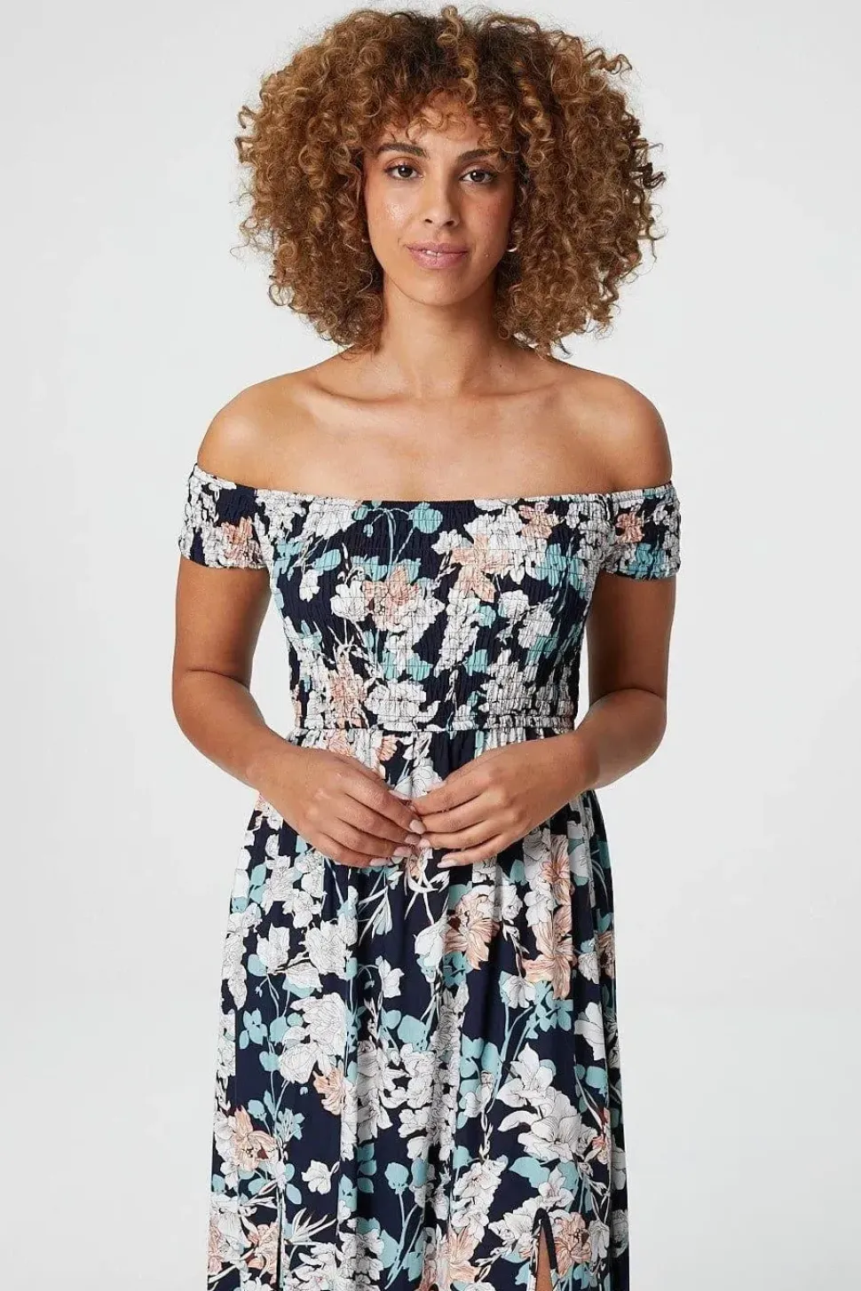 Floral Bardot Shirred Maxi Dress