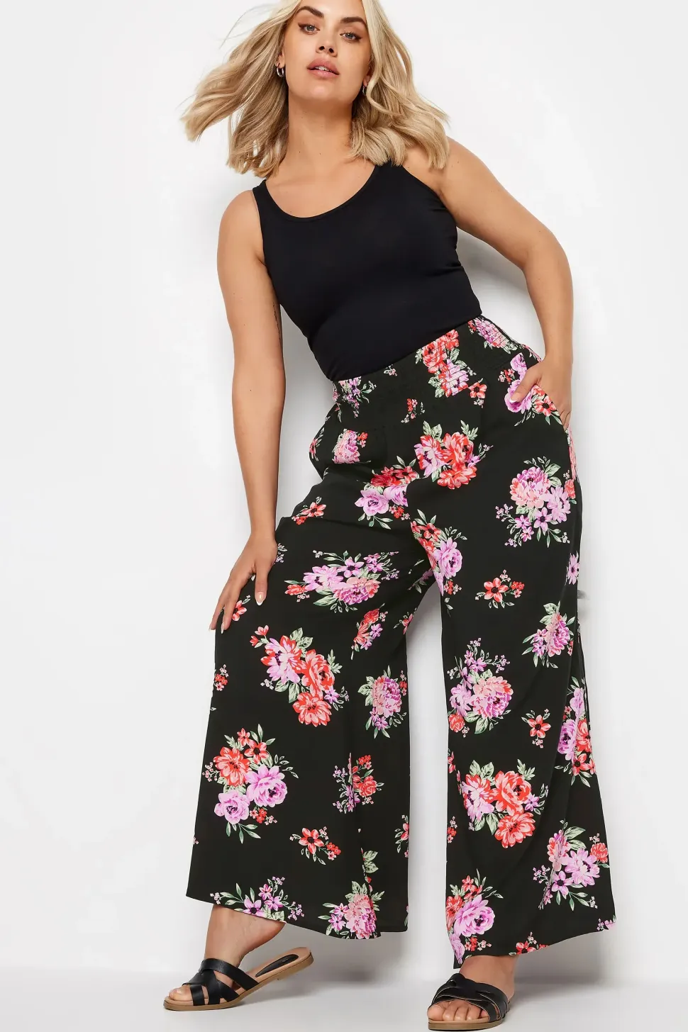 Floral Bloom Print Shirred Wide Leg Trousers