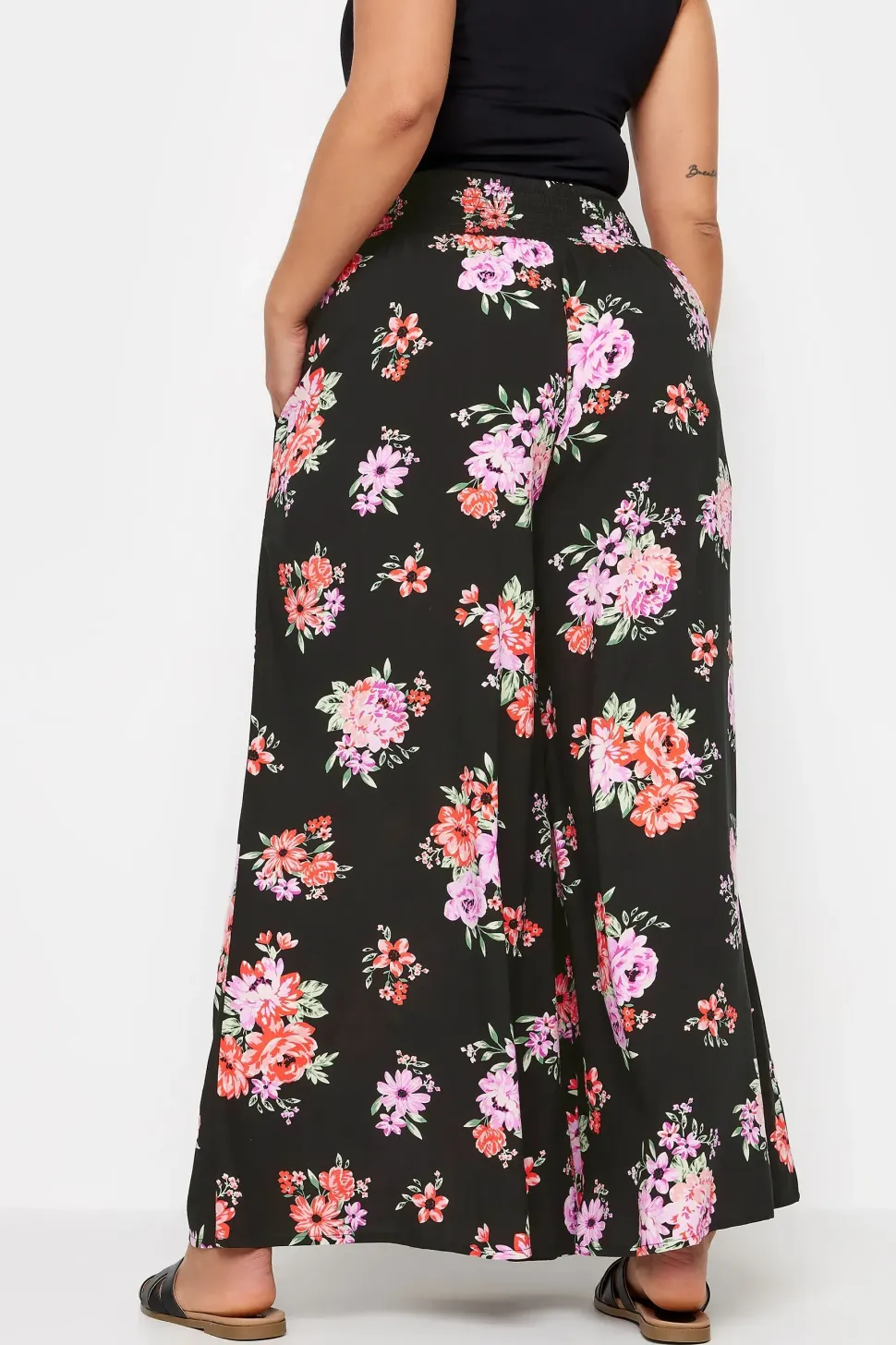 Floral Bloom Print Shirred Wide Leg Trousers