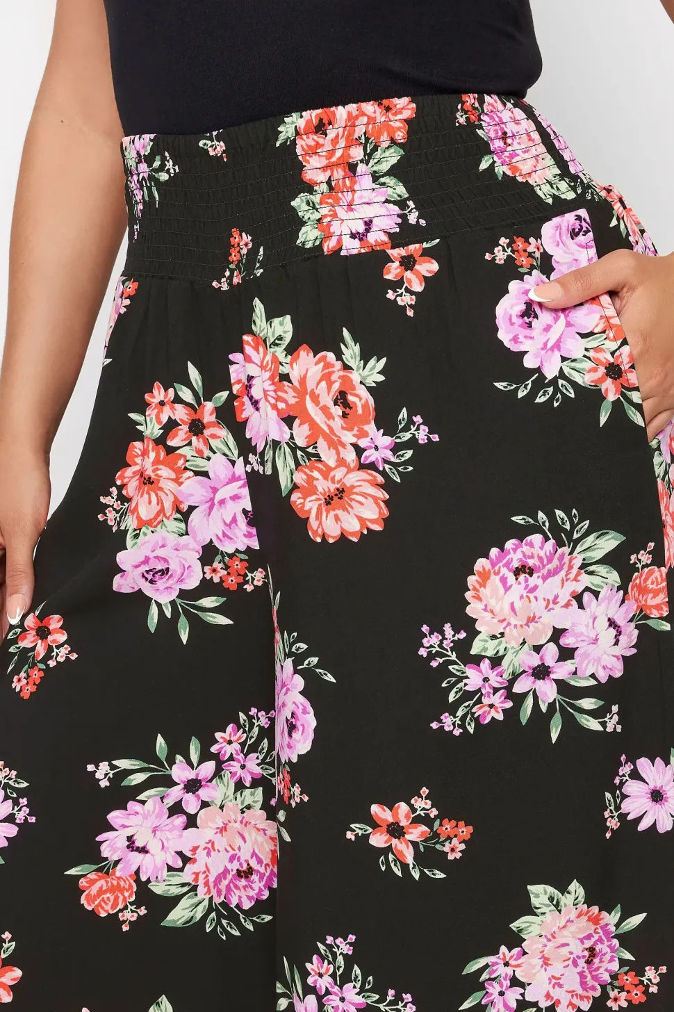 Floral Bloom Print Shirred Wide Leg Trousers